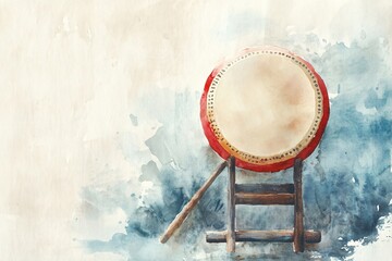 Traditional Chinese Drum in Minimalist Watercolor Style