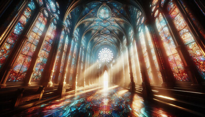 美しいステンドグラスの光に溢れている教会