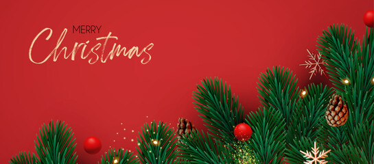 Christmas decoration with fir tree branches, balls and gold snowflakes. Happy New Year traditional design