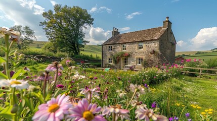 A stone cottage in a lush green valley with a blue sky.