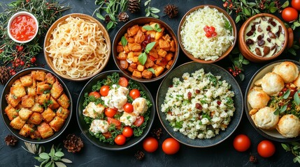A vibrant display of diverse dishes, including pasta, salads, and various sides, arranged beautifully in bowls with fresh herbs and colorful toppings.