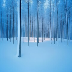Snow-dusted forest with a cold blue hue, ambient lighting creating a peaceful winter scene, minimalistic and serene