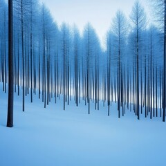 Snow-dusted forest with a cold blue hue, ambient lighting creating a peaceful winter scene, minimalistic and serene