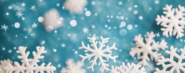 Snowflakes falling softly in a cold blue ambient light, delicate and serene winter atmosphere, peaceful mood