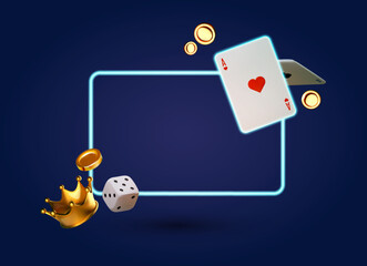 Online casino, welcome bonus, win banner, jackpot, poker, card suits, cards, money and poker chips.