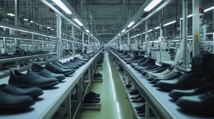 Naklejka premium Expansive view inside a shoe production factory, top-level assembly line with stations for cutting, stitching, assembling soles, and quality inspection.
