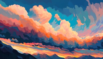a painting of a sky with mountains, in the style of curves soft tone blue orange pink clouds illustration , light azure and orange, elegant fluffy clouds , pastel sky wallpaper , desktop wallpaper 