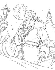 Obraz premium Christmas Santa with a beard is standing in front of a Christmas tree. Coloring page for children.