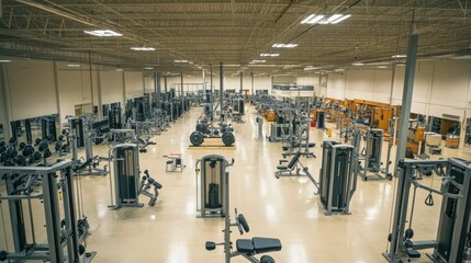 Expansive view of the fitness equipment production line, highlighting assembly stages for multi-function machines, dumbbells, and weight racks with inspection stations.