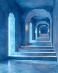 Obraz premium A futuristic blue hallway with arched windows and illuminated stairs, creating an ethereal and tranquil atmosphere. Ideal for backgrounds or design inspiration.