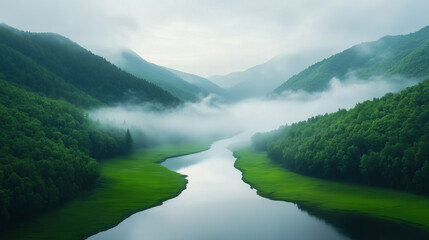 Fototapeta premium serene landscape featuring winding river surrounded by lush green hills and misty mountains. tranquil scene evokes sense of peace and natural beauty.