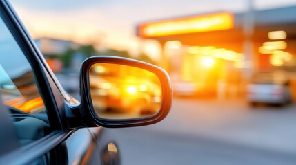 Highway journey reflection, car captured in side mirror road trip travel perspective