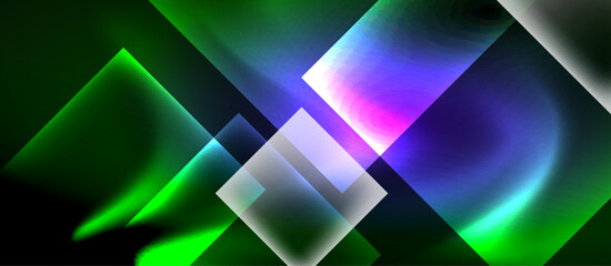 Glass squares with neon shiny light abstract background