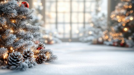 Christmas background with wooden table and pine branches, bokeh lights, digital backdrop for product display.