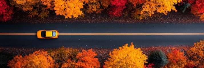 Aerial view of a yellow taxi driving on a road surrounded by vibrant autumn foliage, showcasing...