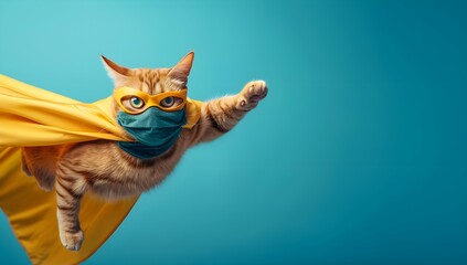 superhero cat, Cute orange tabby kitty with a blue cloak and mask jumping and flying on light blue background with copy space. The concept of a superhero, super cat, leader, funny animal studio shot.