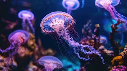 Obraz premium Jellyfish with transparent bodies, gently floating in an aquarium with neon blue and purple lights casting a soft glow.