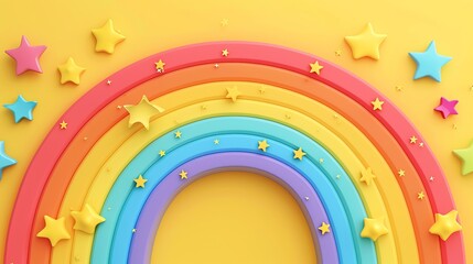 Obraz premium A 3D cartoon rainbow with stars on a yellow background.