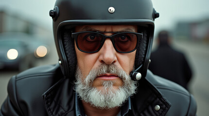 Portrait of Tough Motorcycle Rider - Rugged Man with Leather Jacket on Motorcycle, Perfect for Adventure and Rebel Themes