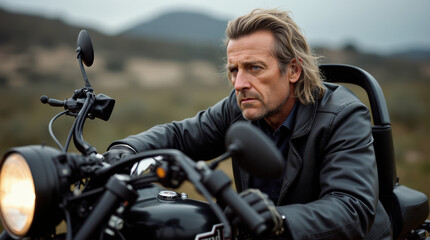Portrait of Tough Motorcycle Rider - Rugged Man with Leather Jacket on Motorcycle, Perfect for Adventure and Rebel Themes