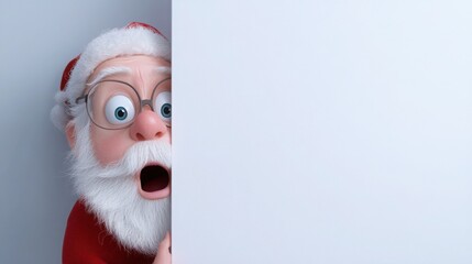 Cartoon 3D Santa Claus peeking around the corner of the page with a shocked expression on his face 