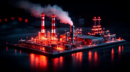 Fototapeta premium A vibrant industrial scene showcasing a miniature factory with glowing lights and smoke, symbolizing modern manufacturing.