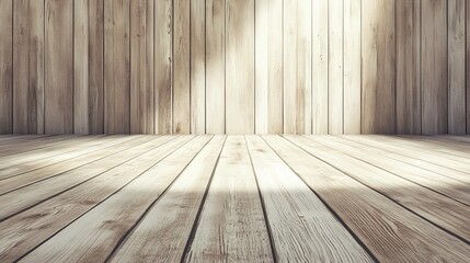 Naklejka premium Bright and Natural Wooden Interior with a Soft Light Effect on the Walls and Floor, Perfect for Backgrounds or Real Estate Photography