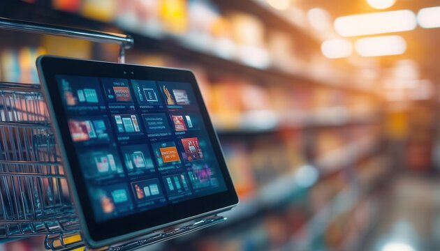 Digital tablet displaying product information in a shopping cart aisle, showcasing modern retail technology and consumer convenience.