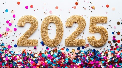 Glitzy New Year Celebration Background with Shiny Gold 2025 Numbers Surrounded by Colorful Confetti for Festive Events and Parties