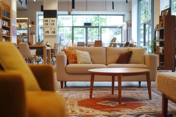 Obraz premium Stylish living space featuring a cozy sofa, modern decor, and a warm atmosphere perfect for relaxation and social gatherings.