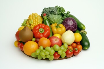 A vibrant assortment of fresh vegetables and fruits arranged artistically on a platter, showcasing colorful and healthy produce.