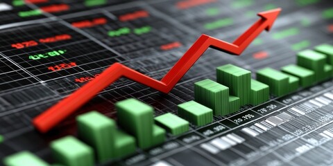 Dynamic Financial Growth Chart with Ascending Red Arrow and Green Bar Graphs Depicting Economic Trends and Market Performance Analysis in a Digital Interface