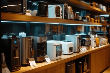 A modern display of various kitchen appliances showcased on wooden shelf, reflecting innovation and functionality in home cooking.