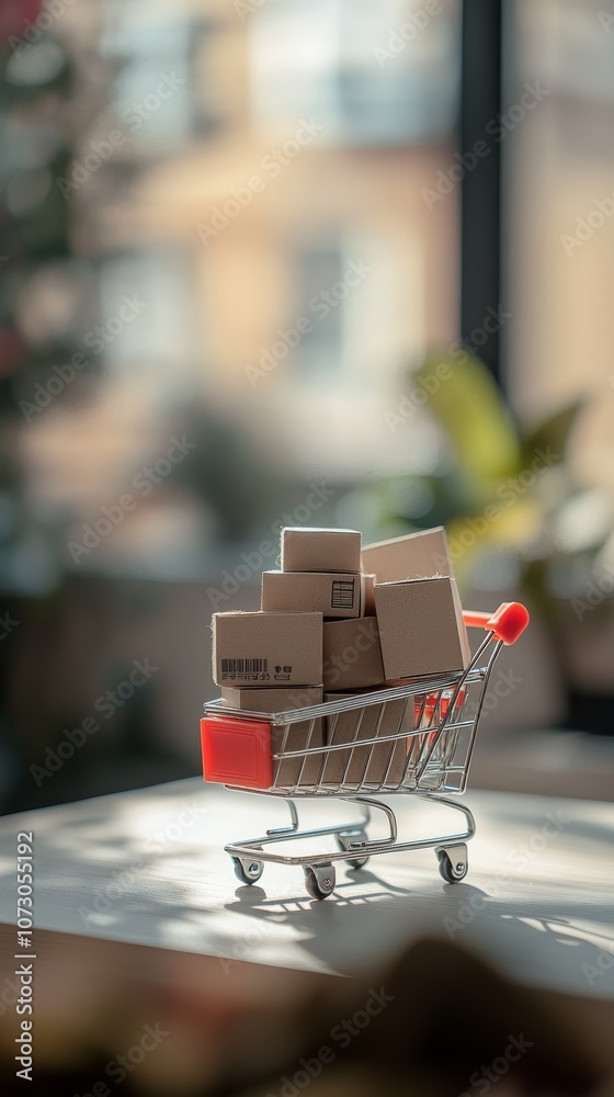 Poster small shopping cart overflowing with cardboard boxes representing the ease and convenience of online
