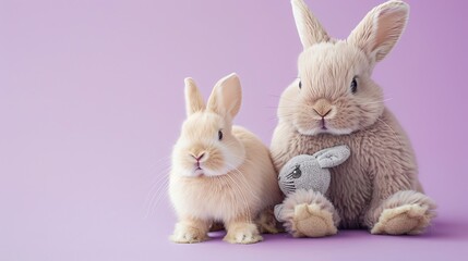 Fototapeta premium Two fluffy bunnies on a light purple background.