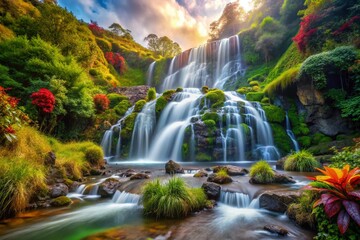 Fototapeta premium Colorful Waterfall Cascade Over Rocks Amidst Lush Greenery, Showcasing Vibrant Tropical Natural Art with Flowing Water and Flourishing Plants for Stunning Landscape Design