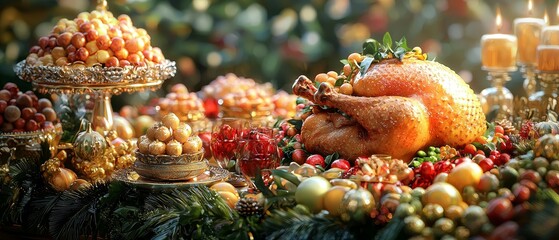 A lavish feast featuring a beautifully roasted turkey surrounded by an abundance of colorful fruits and decorative candles.