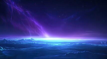 Naklejka premium Ethereal Cosmic Horizon with Vibrant Purple Skies and Calm Ocean Waves Under a Starry Night, Creating a Dreamlike and Tranquil Atmosphere