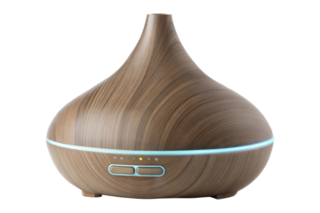 A stylish wood grain essential oil diffuser with soft lighting and modern design, on a transparent or white isolated background.