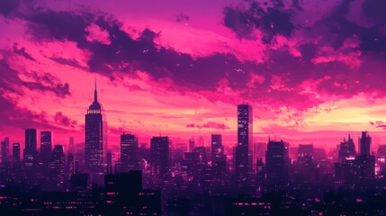 Obraz premium A vibrant, colorful sunset over a cityscape with skyscrapers and buildings.