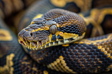 Extreme Close-up Macro Photography of Ball Python Snake Head Showing Detailed Scales Pattern and Yellow Black Coloration in Natural Lighting