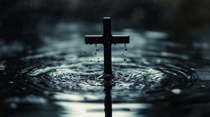 A solitary cross stands in calm water, with rain softly falling and causing droplets to splash, creating gentle ripples that enhance the somber atmosphere.