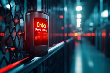 A close-up of a digital order processing light in a futuristic setting, symbolizing efficiency and modern technology in operations.
