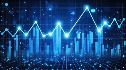 Naklejka premium Abstract Visualization of Data Trends and Financial Growth in Blue Tones, Showcasing Dynamic Graphs and Statistics on a Futuristic Background