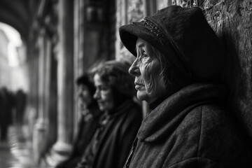 Thoughtful elderly woman in black hat and coat gazing into distance, dramatic black and white portrait showing contemplation and wisdom of aging, artistic documentary style