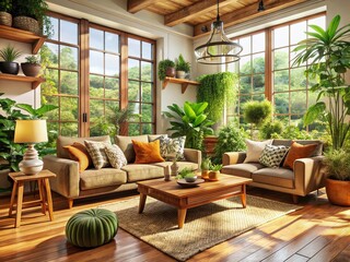 Cozy Living Room Embracing Natural Elements with Warm Textures and Earthy Tones, Featuring Wooden Furniture, Indoor Plants, and Soft Lighting for a Tranquil Atmosphere