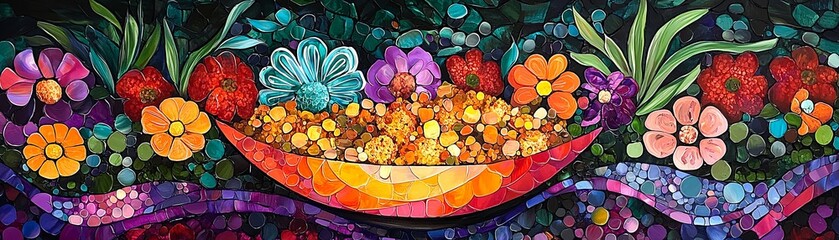 A vibrant mosaic artwork featuring a bowl of colorful flowers surrounded by a rich background of botanical elements and lively colors.