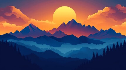 A vibrant sunset over a mountain range with a layer of fog in the valley.