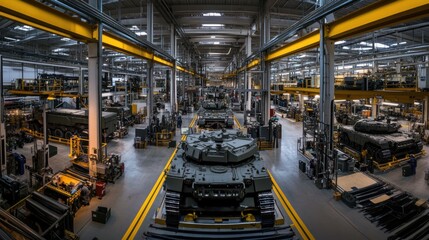 Naklejka premium Panoramic shot of an armored vehicle production line, featuring assembly stations for tracks, turrets, and cannon installation along the line.