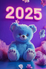 Fototapeta premium New Year Cards: 2025-themed Cute Neon Background Baby Bear&nbsp;Illustrations